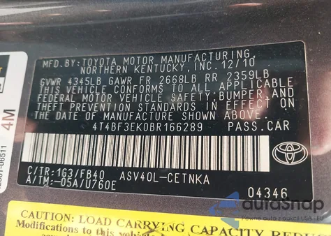 2011 Toyota Camry Le from USA, damaged, VIN 4T4BF3EK0BR166289